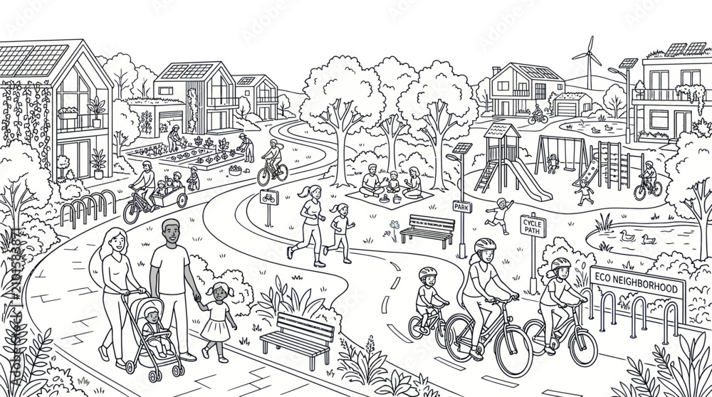 Obraz premium Active suburban park neighborhood with people cycling.