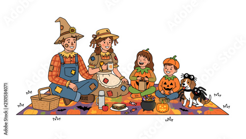 Halloween Family Picnic: A charming illustration depicts a family dressed in scarecrow and pumpkin costumes enjoying a delightful autumn picnic on a festive blanket adorned with Halloween motifs.