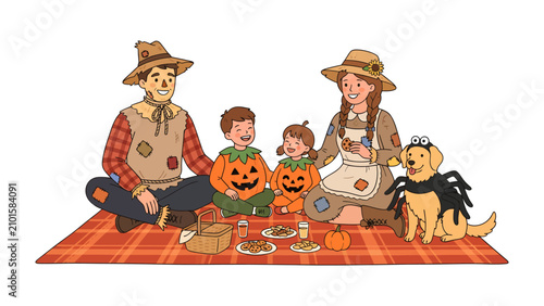 Autumn Family Picnic: A heartwarming illustration captures a family dressed as scarecrows and pumpkins, enjoying a festive autumn picnic with their dog dressed as a spider.