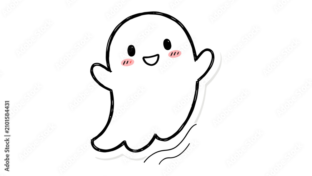 Obraz premium Happy Ghost Illustration: A cute, hand-drawn ghost with a cheerful smile and blushing cheeks floats happily, its wavy bottom suggesting a gentle movement. This simple.