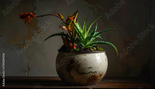 A potted succulent plant with vibrant orange flowers against a textured wall