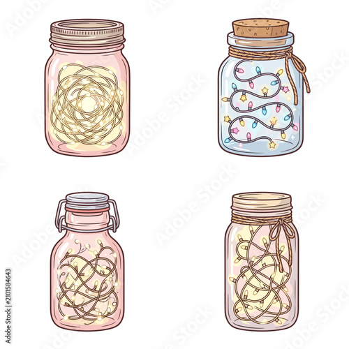 Decorative jars filled with festive string lights for ambiance