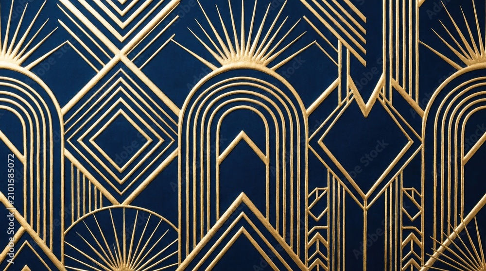Luxurious Art Deco seamless pattern with golden geometric arches, diamonds and sunburst lines on a deep navy blue background