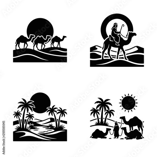 Desert caravan and oasis scenes with camels and palm trees