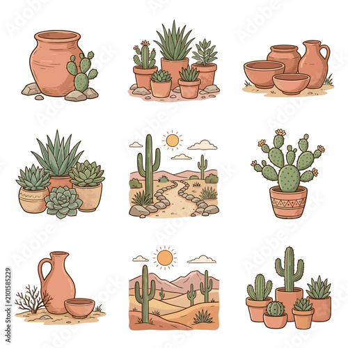 Desert plants and pottery in arid landscape scenes
