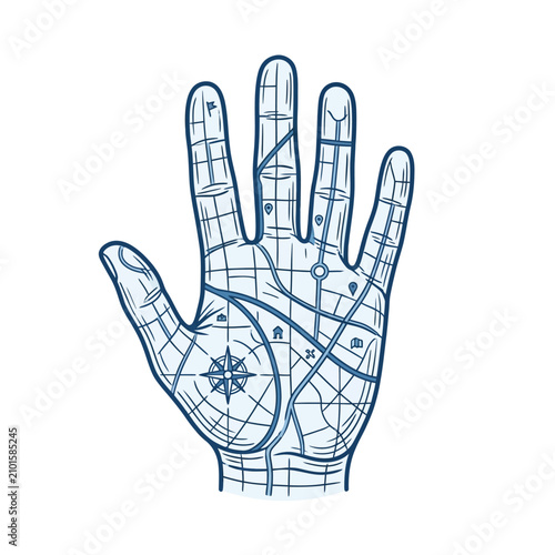 Detailed palmistry hand with astrological and geometric lines.