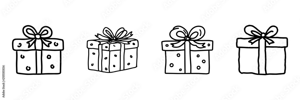 Fototapeta premium Gift Box Hand Drawn Doodle Icon Set. Wrapped Present, Ribbon Bow And Celebration Package Sketch Symbol Collection. Holiday, Birthday And Retail Gifting. Isolated Vector Illustration