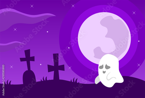 White ghost graveyard purple night sky full moon bright stars spooky scene.