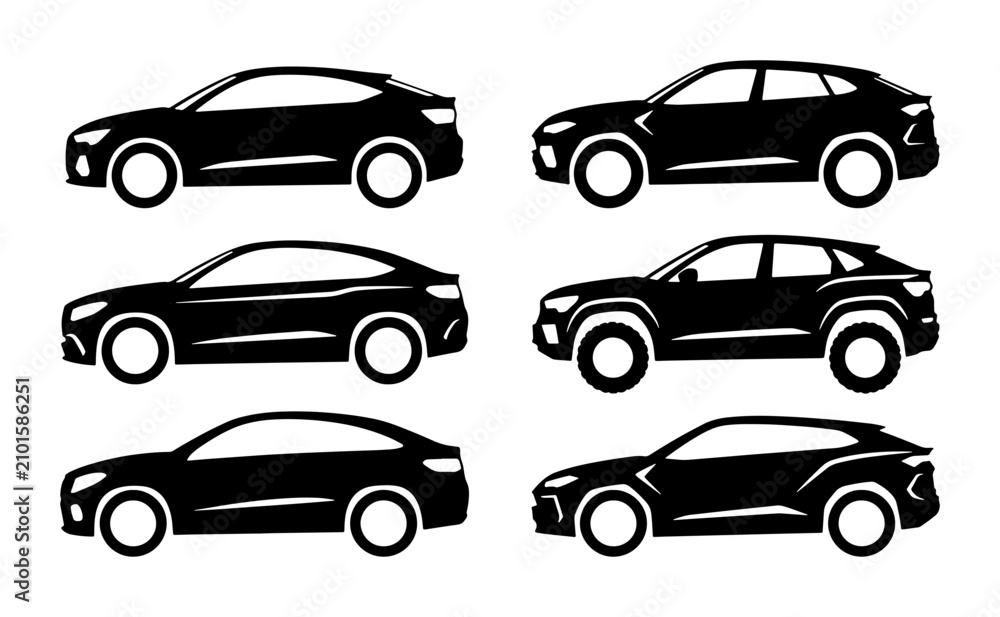 Fototapeta premium Modern SUV and Coupe Car Silhouettes, Black Vector Icons for Automotive Design and Transport Concepts