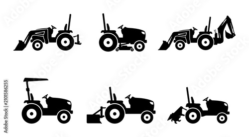 Cuadro en lienzo Tractor Icons Set: Agricultural Machinery, Farming Equipment, Construction Vehic