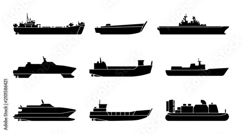 Foto Diverse Ship Silhouettes Collection: Cargo, Passenger, Military Vessels, Marine
