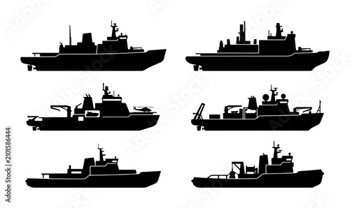 Quadro su tela Modern Warships Silhouette Set, Naval Fleet Vector Icons, Military Vessels Colle