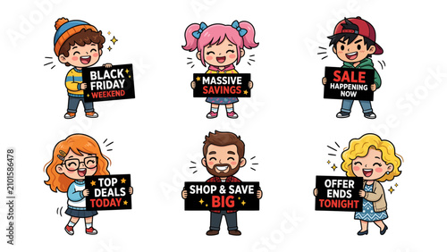 Foto Set of Cute Characters Announcing Sales and Offers: A collection of diverse cartoon characters joyfully announce various shopping events like Black Friday weekend, massive savings, sale happening now