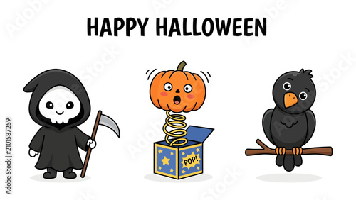 Obraz na plátne Cute Halloween Characters: A spooky Grim Reaper, a startled Jack-in-the-box pumpkin, and a perched crow celebrate Halloween with adorable cartoon charm