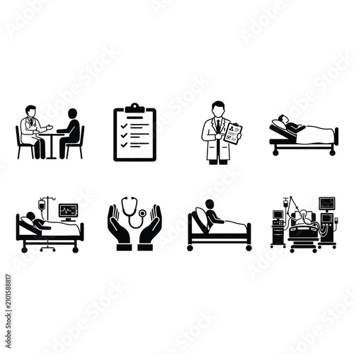 Medical icons depicting patient care, consultation, and treatment in a hospital setting.