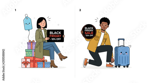 Black Friday Shopping Fever: A vibrant illustration depicting the excitement of Black Friday sales, featuring individuals with gift boxes and luggage, ready to shop with special discount offers.