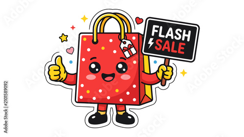 Happy Shopping Bag Flash Sale: A cheerful, anthropomorphic red shopping bag with a polka dot pattern and a bright smile holds a FLASH SALE sign and gives a thumbs-up.