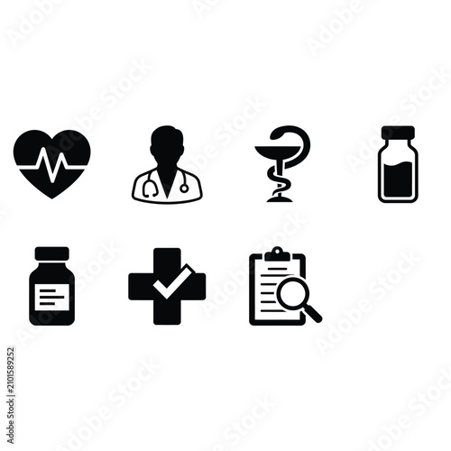 Collection of medical icons representing healthcare, science, and treatment.