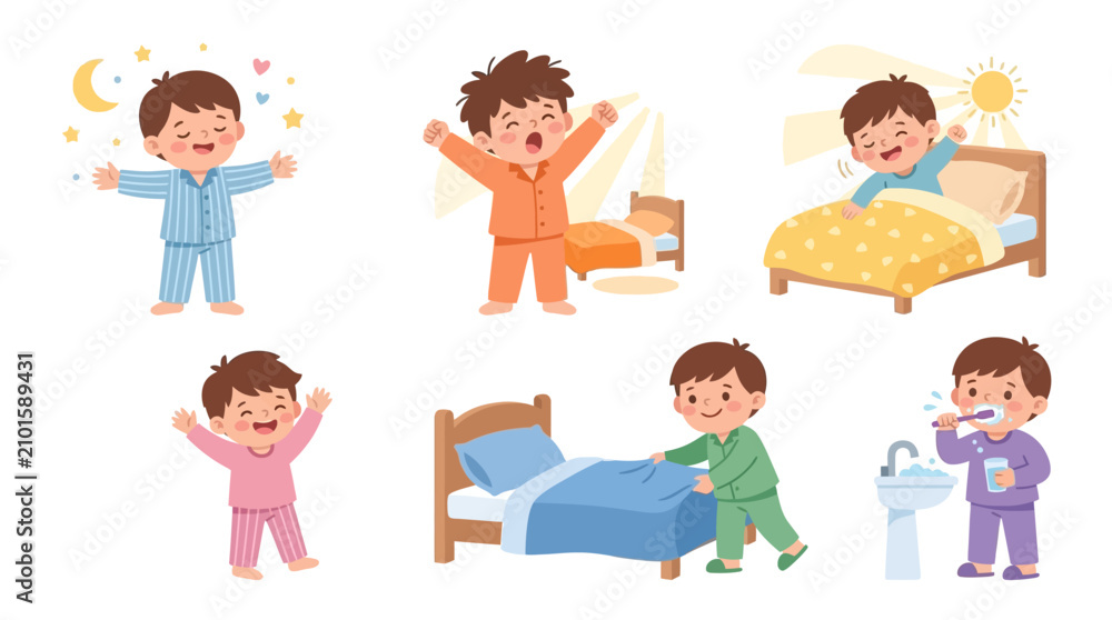 Fototapeta premium Children waking up and getting ready for the day in cozy pajamas and morning routines with playful expressions and activities in