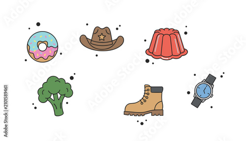 Set of various lifestyle stickers including a colorful sweet donut, cowboy hat, red jelly dessert, fresh broccoli, boot, and watch.