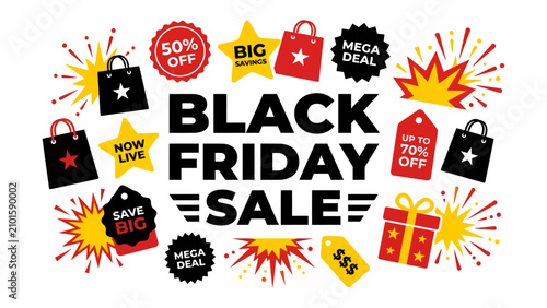 Black Friday Sale Explosive Graphics: A vibrant collection of graphic elements and text proclaims a Black Friday Sale, featuring shopping bags, gift boxes, price tags with discounts, and starbursts.