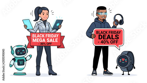 Schilderij op canvas Black Friday Shopping Frenzy: Futuristic characters and a friendly robot engage in a virtual shopping spree, showcasing digital devices and smart accessories