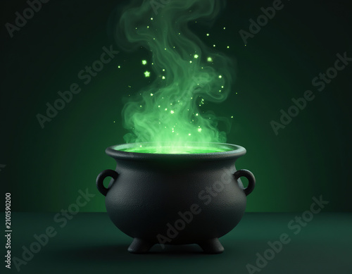 Black witch cauldron with bubbling green magic potion and glowing smoke sparkles on dark green background