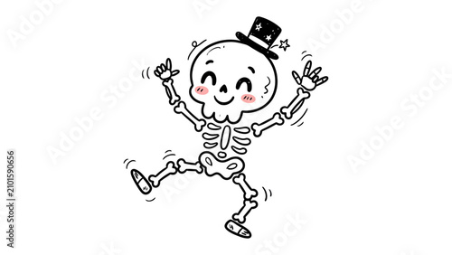Εκτύπωση καμβά Happy Skeleton Dancer: A cheerful skeleton, wearing a top hat and a wide smile, is captured mid-dance, with arms outstretched and legs kicking in a joyful, energetic pose