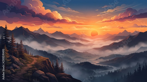 Vibrant sunset paints sky over misty mountain ranges and valleys, with dramatic clouds and silhouetted pine trees in foreground.