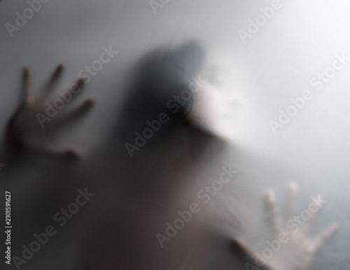 Foto Fabric, hands and figure on studio for depression, art and anxiety, phobia and claustrophobia with mockup
