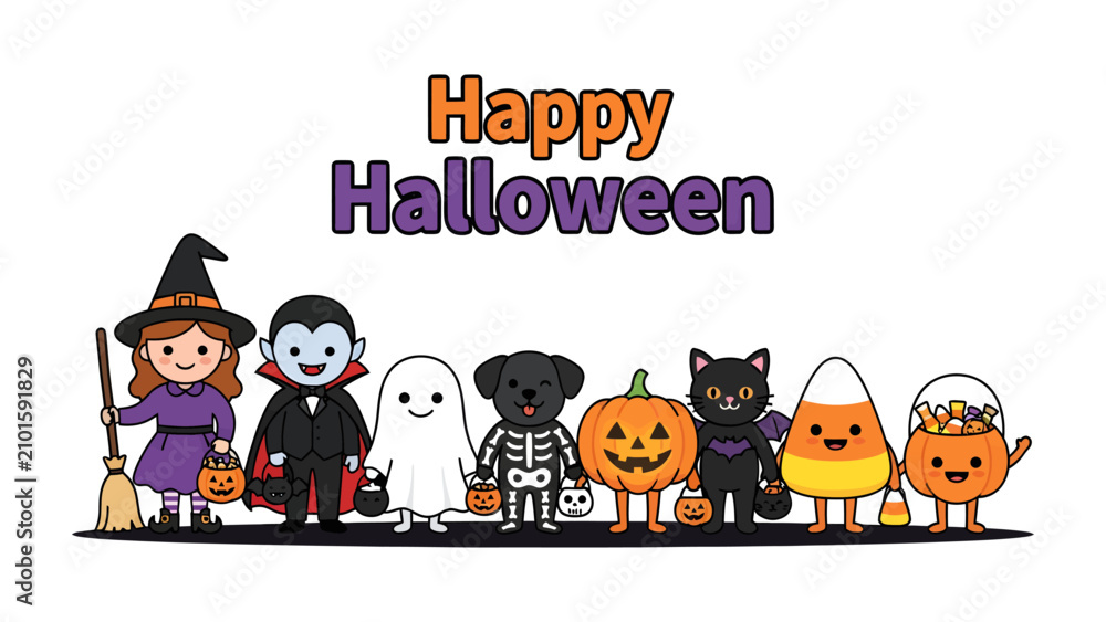 Fototapeta premium Happy Halloween Greeting: A charming collection of festive characters, including a witch, vampire, ghost, skeleton dog, pumpkin, black cat, and candy corn figures.