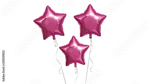 Pink star balloons isolated on white. Metallic foil party decorations for celebrations.