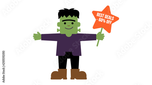 Konstfotografi Frankenstein Offering a Halloween Deal: A cartoon illustration of Frankenstein's monster, a friendly green character with bolts on his neck and stitches