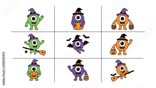 Принти на полотні Tic Tac Toe Monsters: A playful rendition of the classic Tic Tac Toe game featuring a grid filled with adorable, whimsical monsters dressed in Halloween costumes, ready for a spooky game
