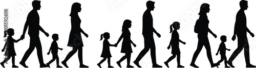 Konstfotografi Silhouette Pedestrians Walking in Line Formation on Black Background Symbolizing