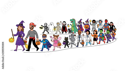 фотографія Children in Halloween Costume: A diverse group of children dressed in various imaginative Halloween costumes, including witches, pirates, superheroes, and monsters, excitedly march in a parade