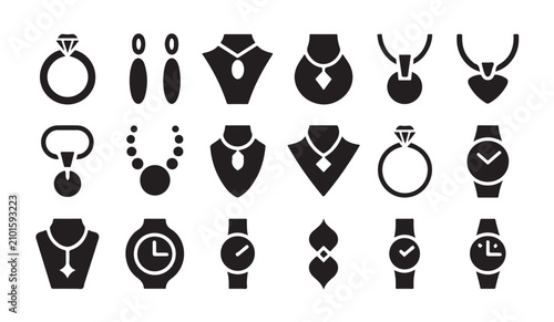 Jewelry and watches black icons set. necklace, ring, earrings and other accessories.