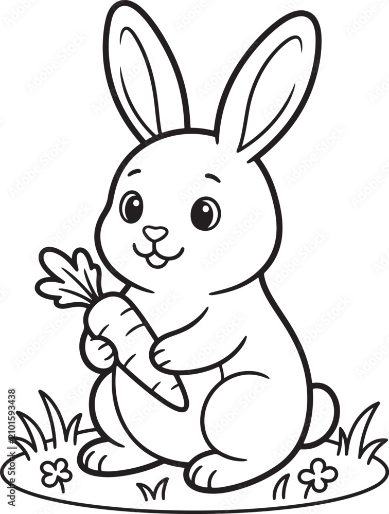 Fototapeta premium Cute bunny rabbit holding carrot on grass coloring page for kids vector illustration