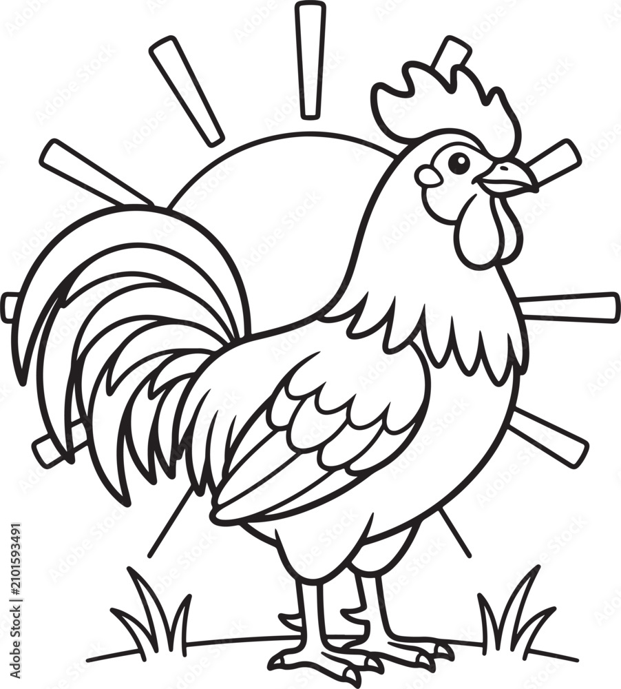 Fototapeta premium Cute rooster standing on grass with rising sun coloring page for kids vector illustration
