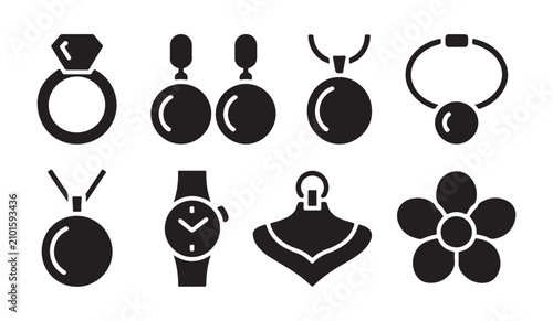 Photography Jewelry icon set, ring, earrings, necklace, bracelet, pendant, watch vector illustration
