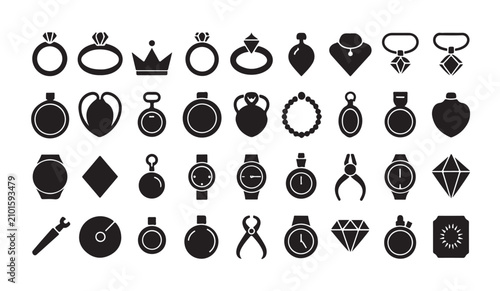 Extensive jewelry and accessory icons including rings necklaces watches gems and tools.