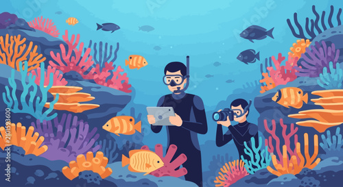 Photos Underwater Divers Exploring Coral Reef with Fish