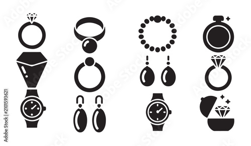 Foto Assortment of jewelry icons including rings bracelets watches and earrings for design