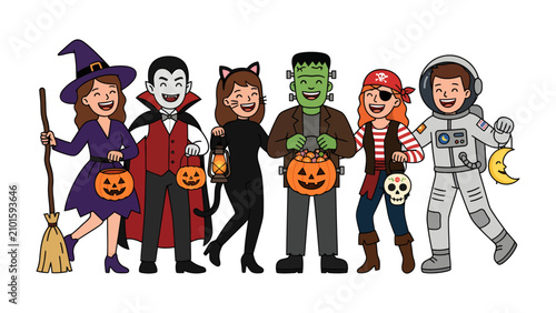 Foto Halloween Party Crew: A charming group of diverse characters, dressed in fun Halloween costumes including a witch, vampire, cat, monster, pirate, and astronaut