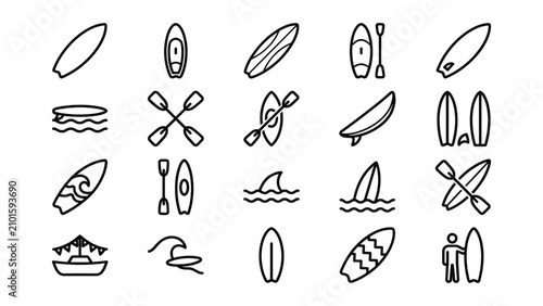Photography black line icons of various surfing and paddle boarding images