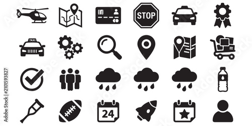 Flat icon set of transportation, weather, and activity symbols