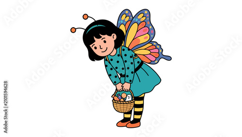 Bild auf Leinwand Little Butterfly Fairy with Basket: A charming illustration of a young girl dressed as a butterfly fairy, complete with colorful wings and antennae, holding a basket filled with small surprises