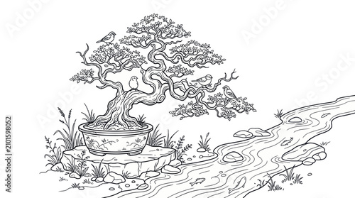 Canvas Print Bonsai tree by river landscape coloring book page.