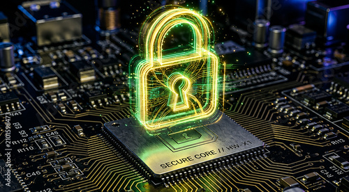 Futuristic Cybersecurity Padlock on Secure Computer Chip with Digital Encryption Technology