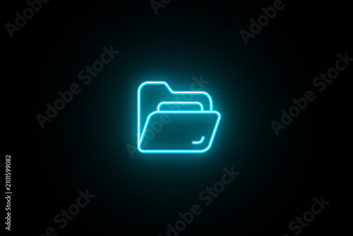 Neon glowing cyan color folder icon on black background. Neon Folder icon. Documents directory. Desktop icons. My computer PC shortcut signs. Folder icon sign symbol.